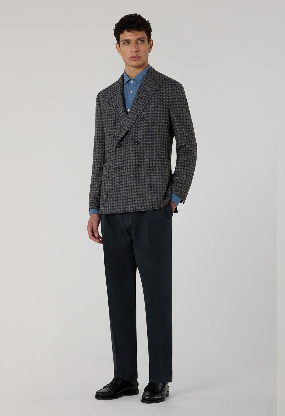 Grey Wool Cashmere Pied-de-poule double-breasted K-Jacket