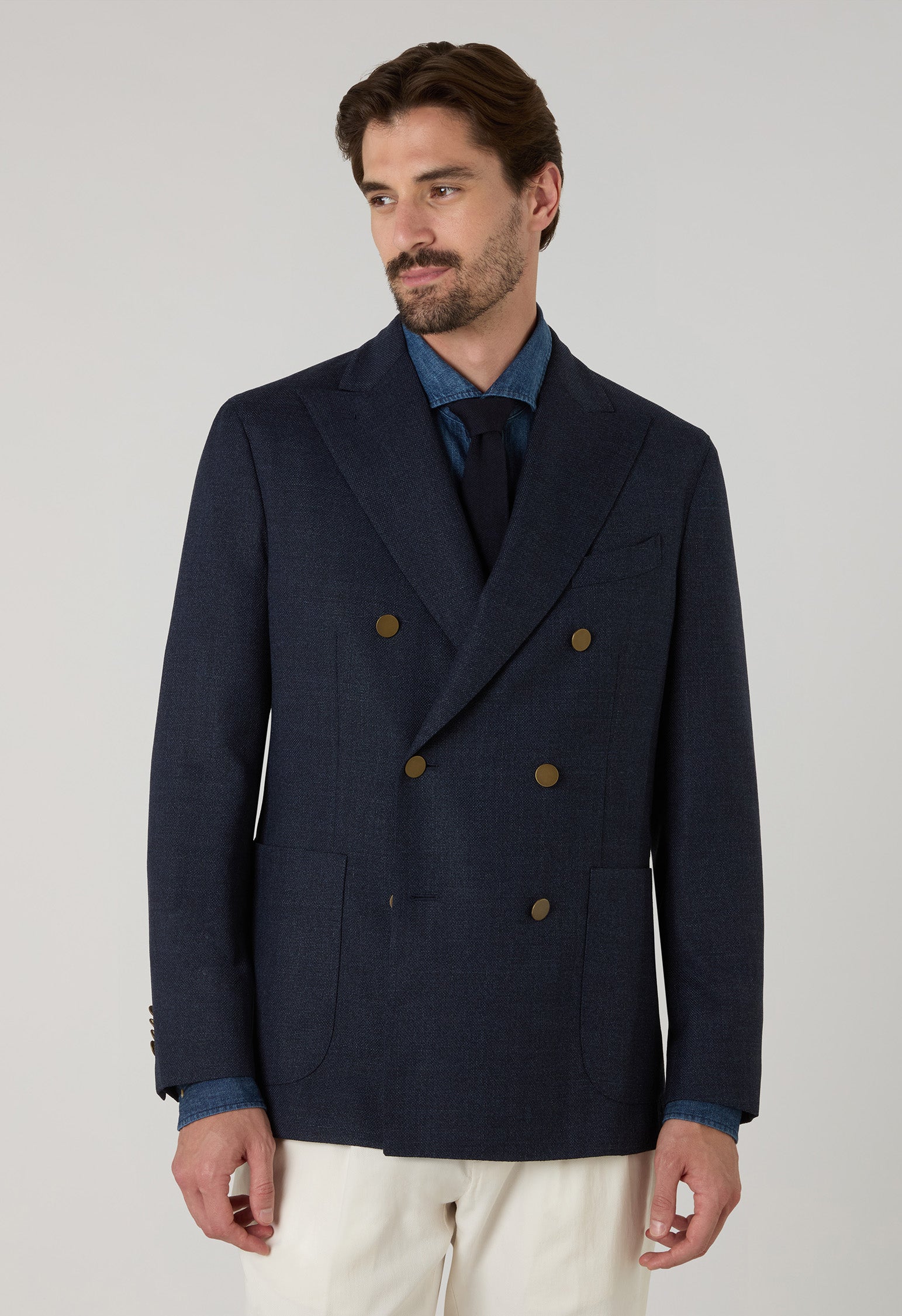 K-Jacket doppiopetto blu in lana leggera a nido d’ape con bottoni in ottone