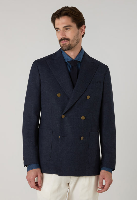 Blue Light Wool Honeycomb Double-Breasted K-Jacket with Brass Buttons