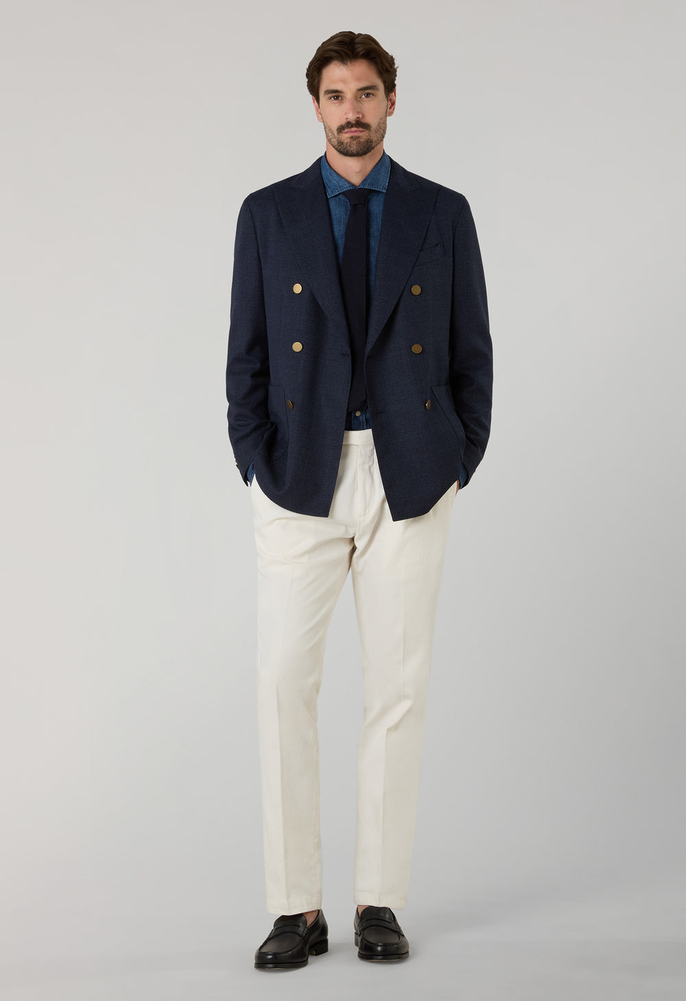 Blue Light Wool Honeycomb Double-Breasted K-Jacket with Brass Buttons