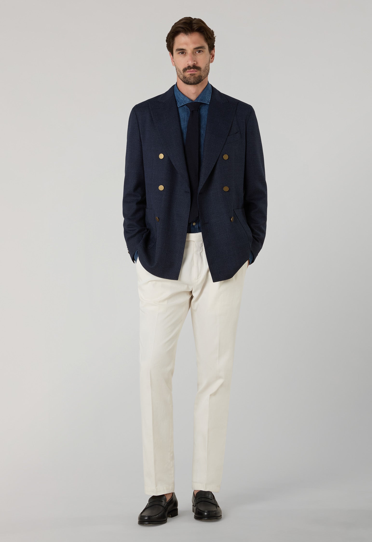 Blue Light Wool Honeycomb Double-Breasted K-Jacket with Brass Buttons