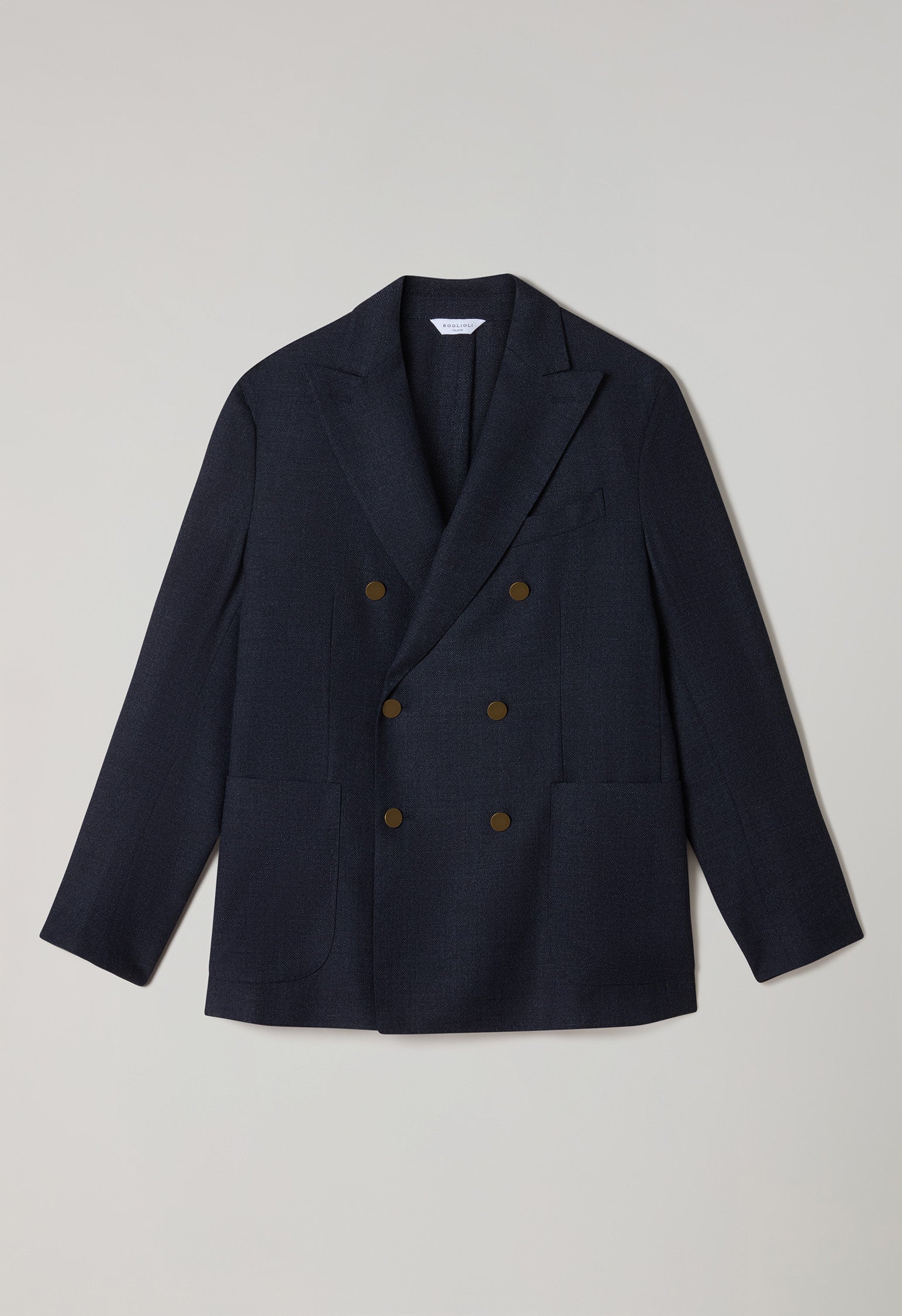 Blue Light Wool Honeycomb Double-Breasted K-Jacket with Brass Buttons
