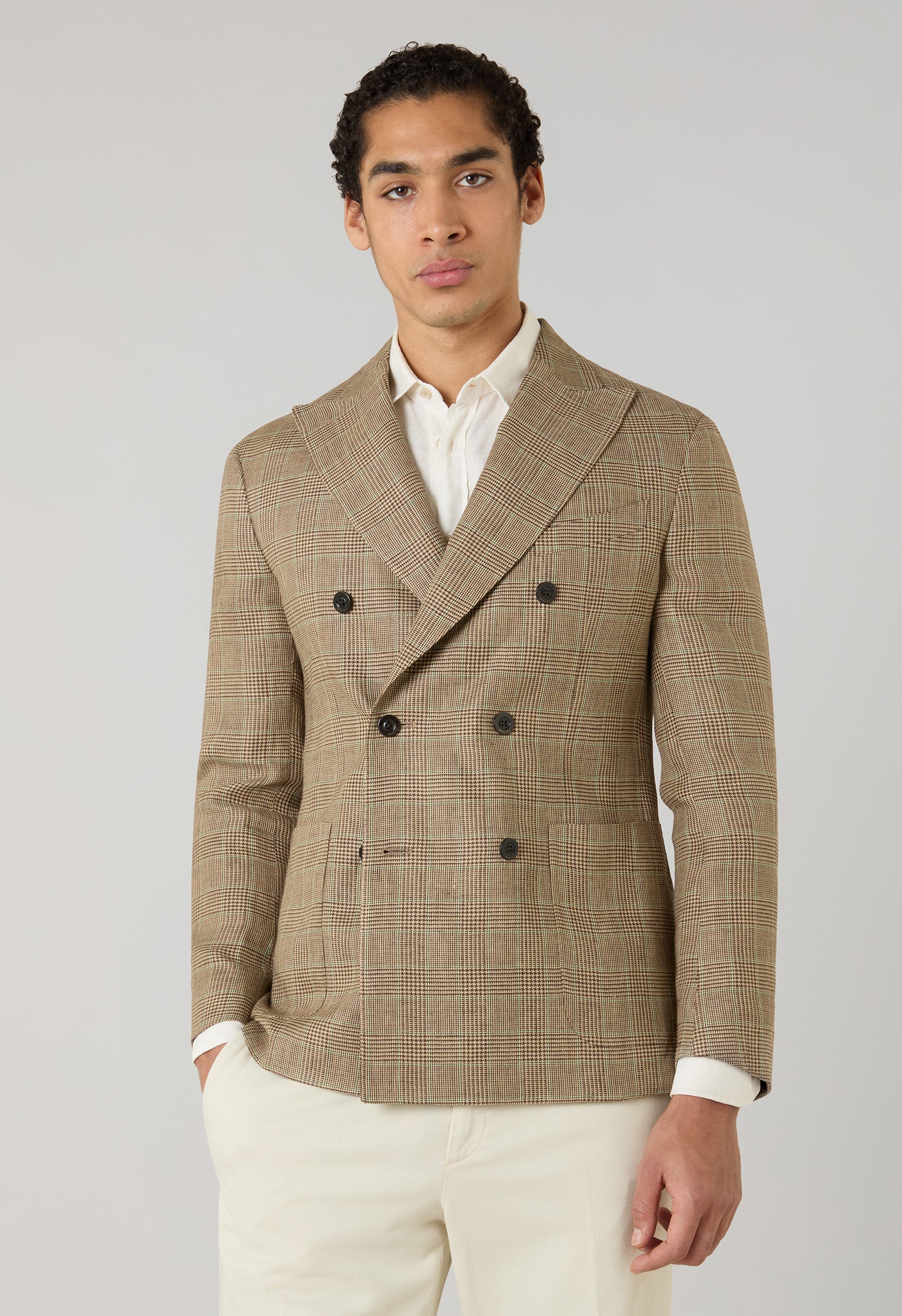Weizenfarbe gemusterte zweireihige K-Jacket aus Prince-of-Wales-Leinen