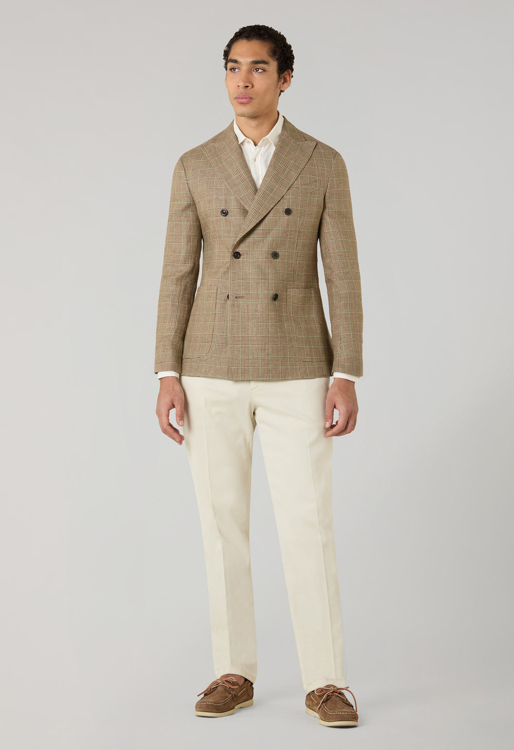 Weizenfarbe gemusterte zweireihige K-Jacket aus Prince-of-Wales-Leinen
