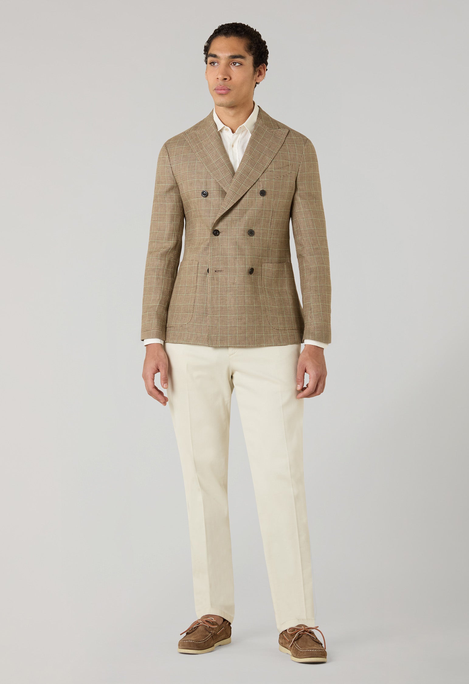 Weizenfarbe gemusterte zweireihige K-Jacket aus Prince-of-Wales-Leinen