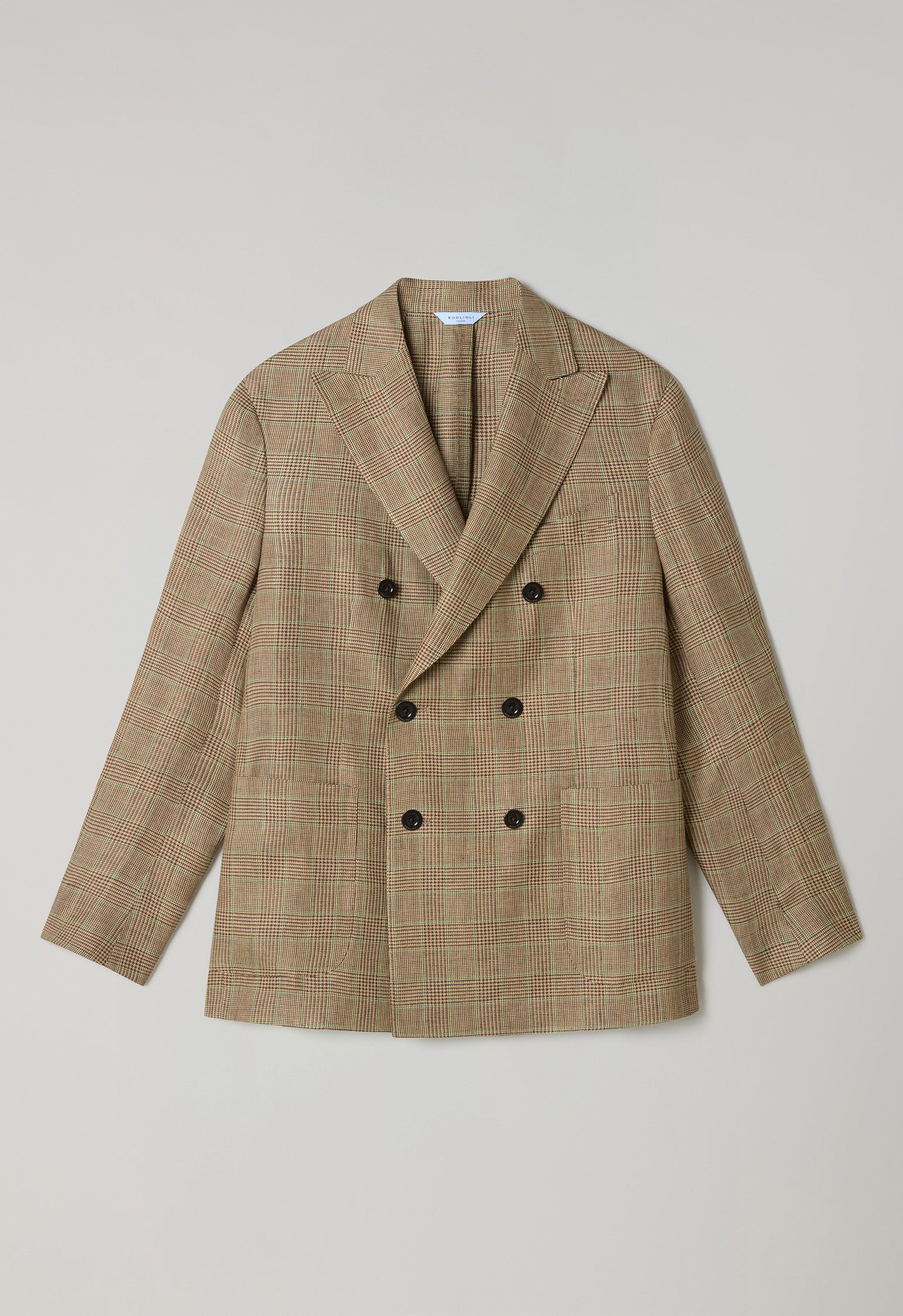Weizenfarbe gemusterte zweireihige K-Jacket aus Prince-of-Wales-Leinen