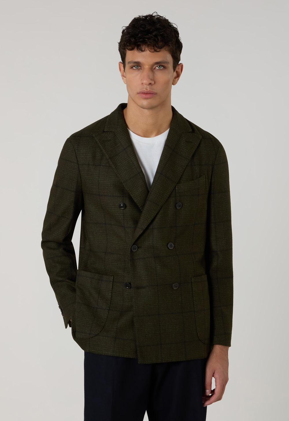 Green Garment Dyed Overcheck Wool double-breasted K-Jacket