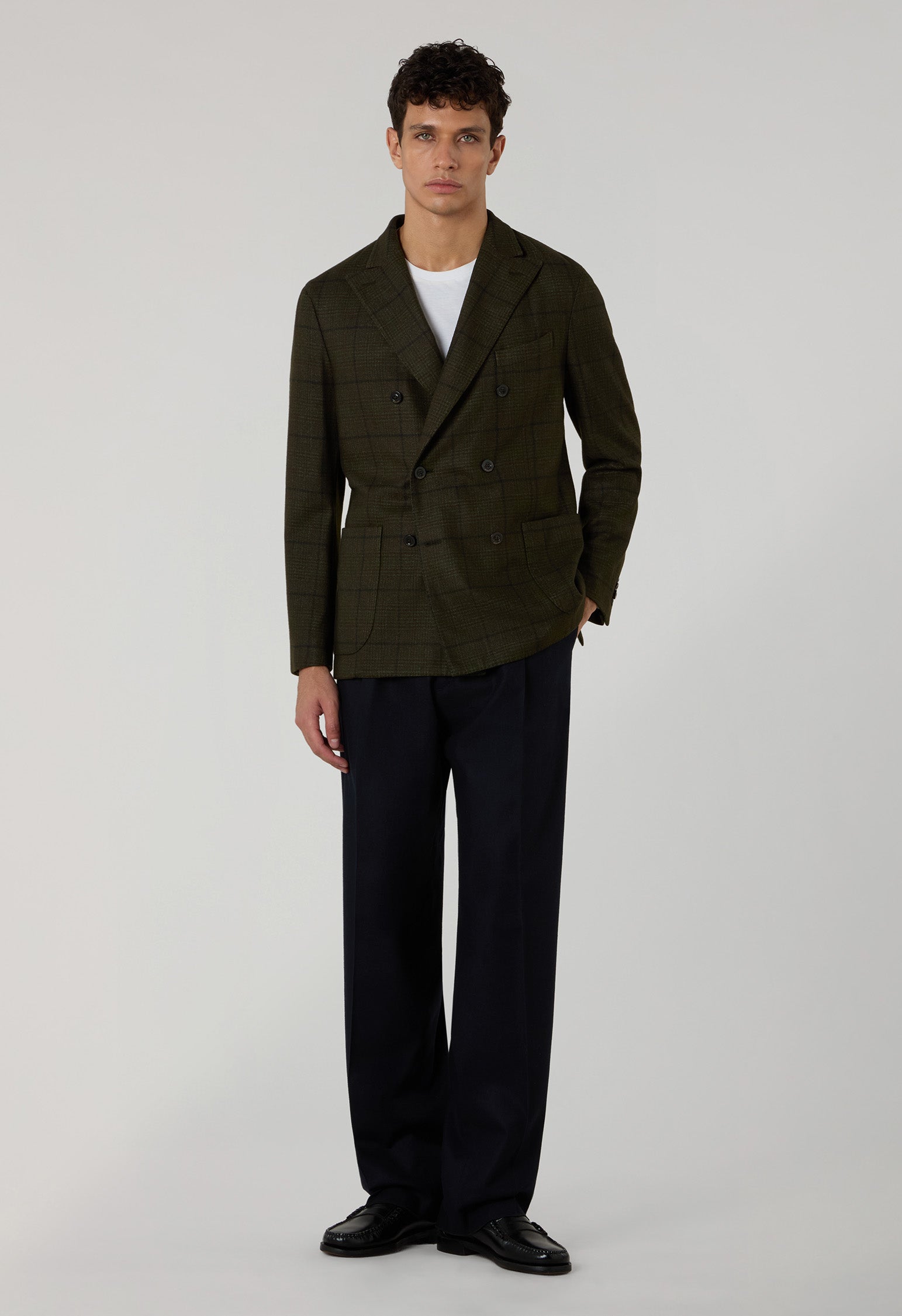 Green Garment Dyed Overcheck Wool double-breasted K-Jacket