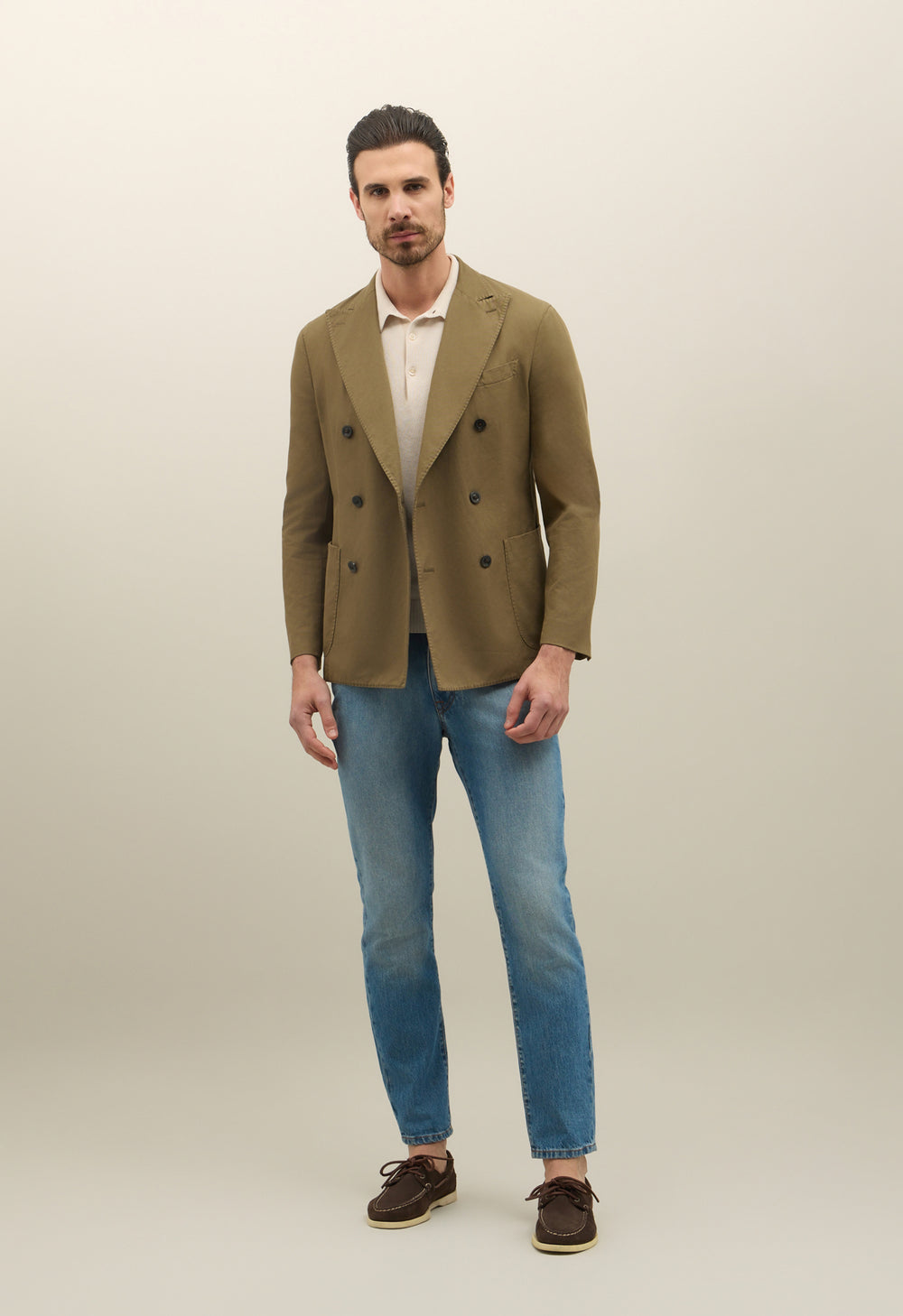 Khaki Zweireihige K-Jacket aus Baumwoll-Leinen-Twill