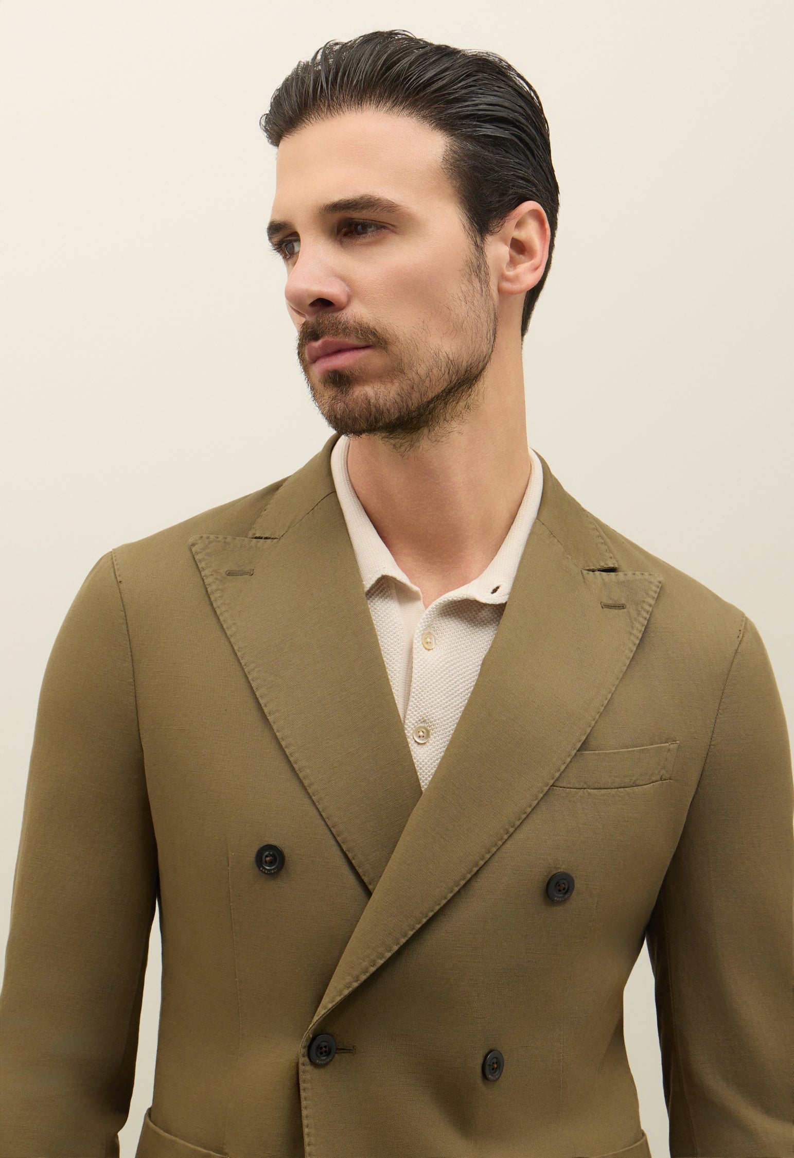 Khaki Zweireihige K-Jacket aus Baumwoll-Leinen-Twill