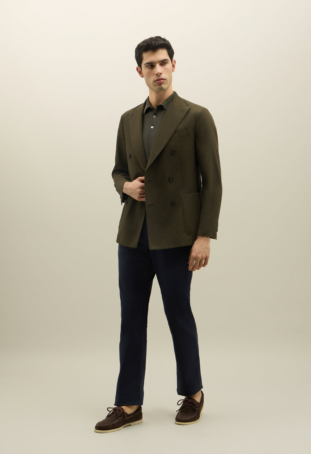 Dunkelgrüne doppelreihige K-Jacket aus Baumwoll-Leinen-Twill