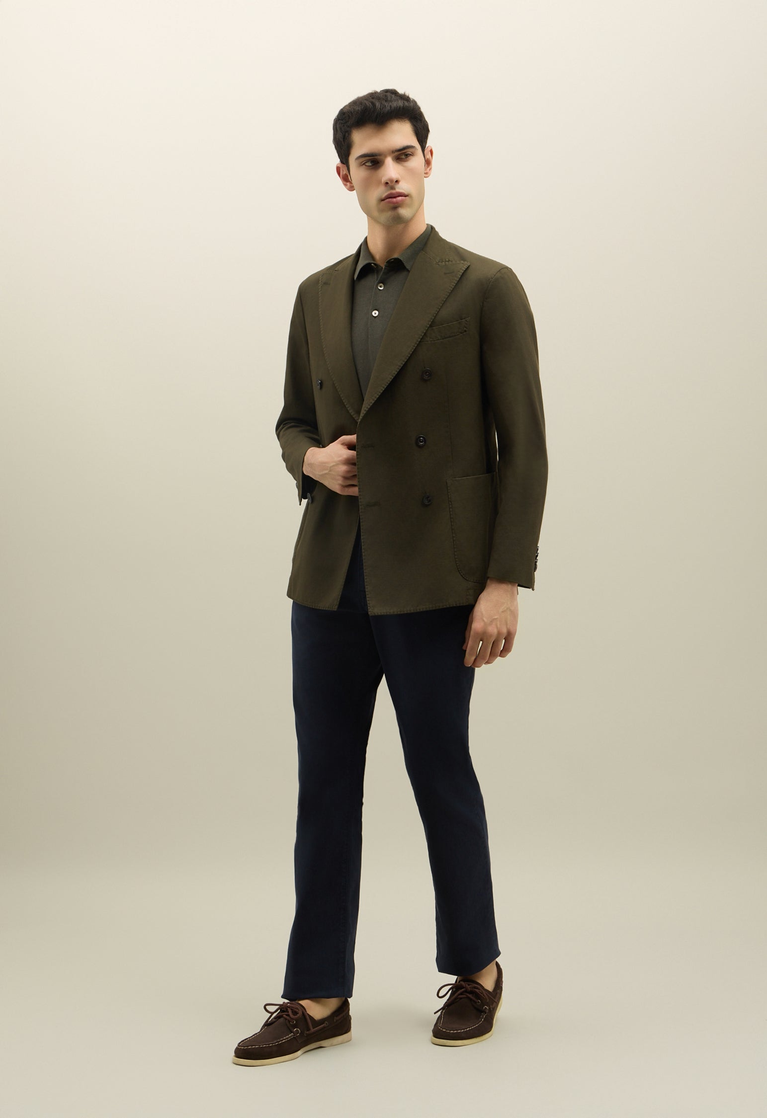 K-Jacket doppiopetto in twill di cotone e lino verde scuro