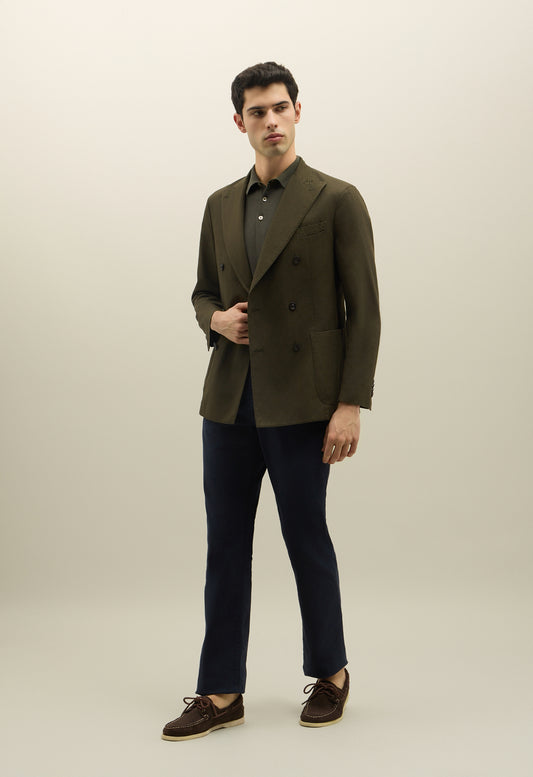 Dark Green Cotton Linen Twill Double-Breasted K-Jacket