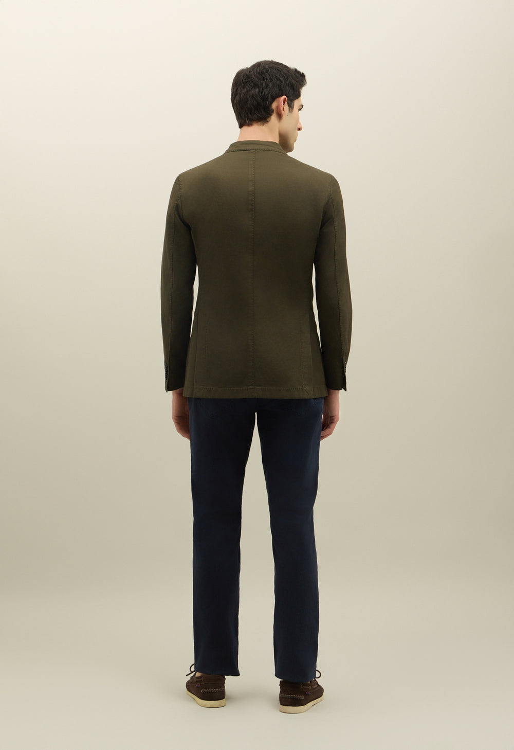 Dunkelgrüne doppelreihige K-Jacket aus Baumwoll-Leinen-Twill