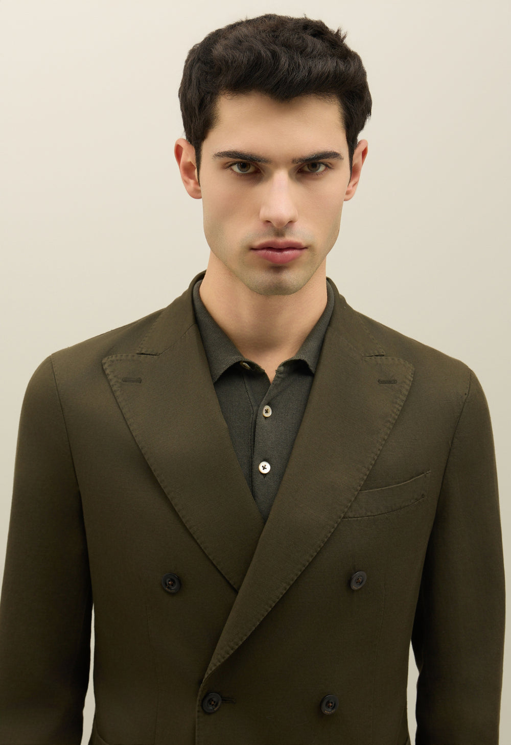 Dunkelgrüne doppelreihige K-Jacket aus Baumwoll-Leinen-Twill