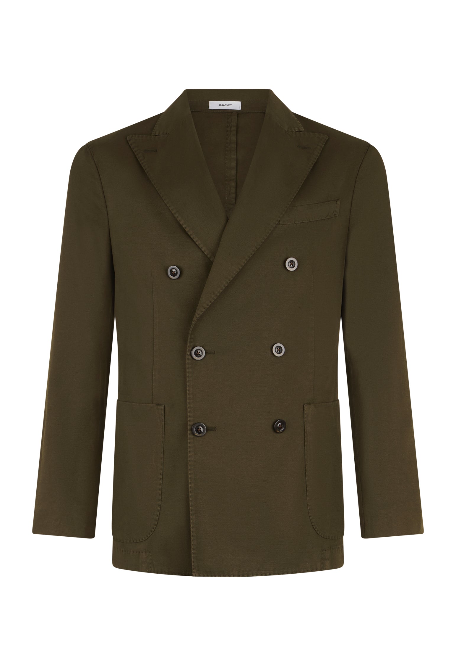 Dunkelgrüne doppelreihige K-Jacket aus Baumwoll-Leinen-Twill