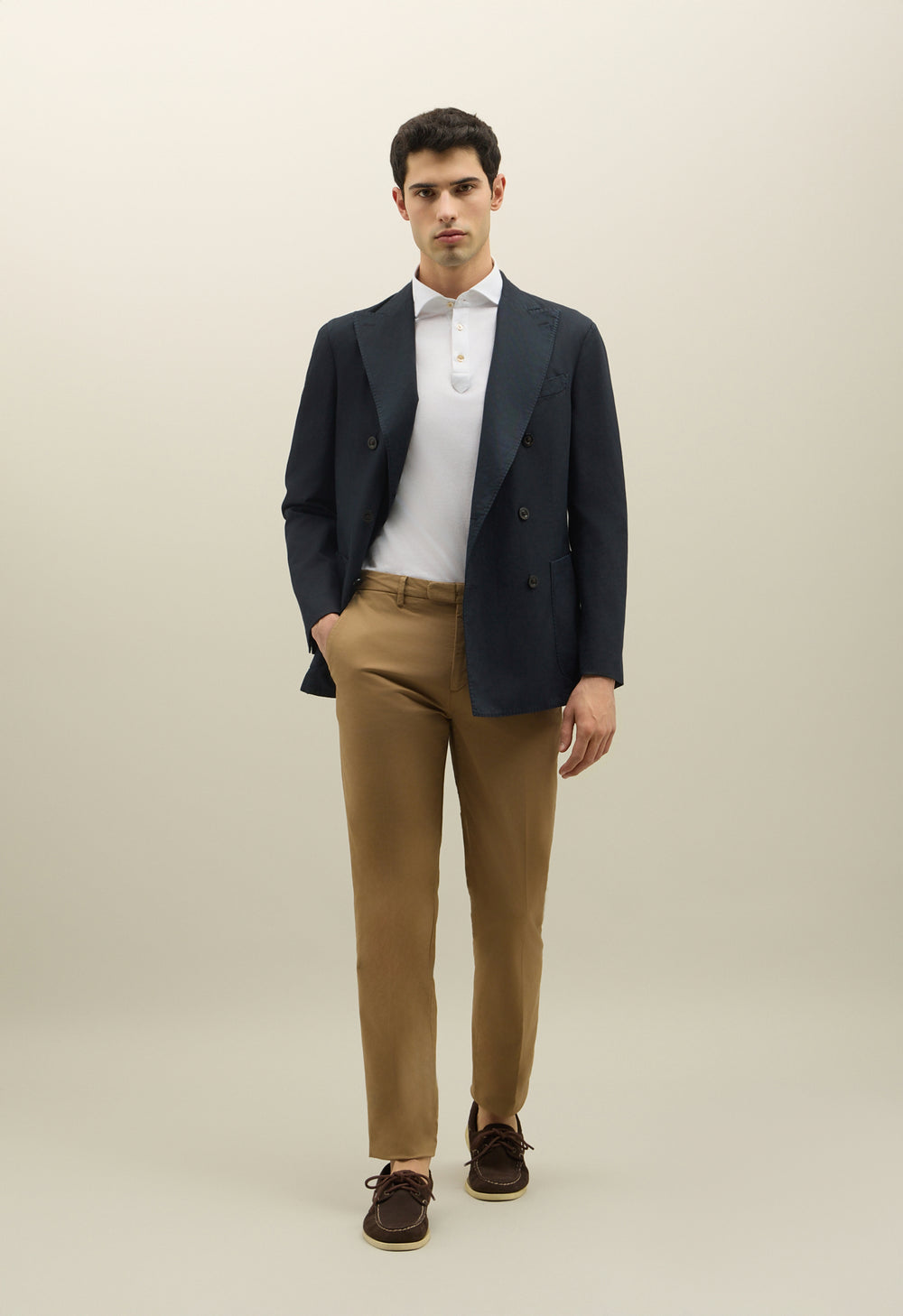 Blaue doppelreihige K-Jacket aus Baumwoll-Leinen-Twill