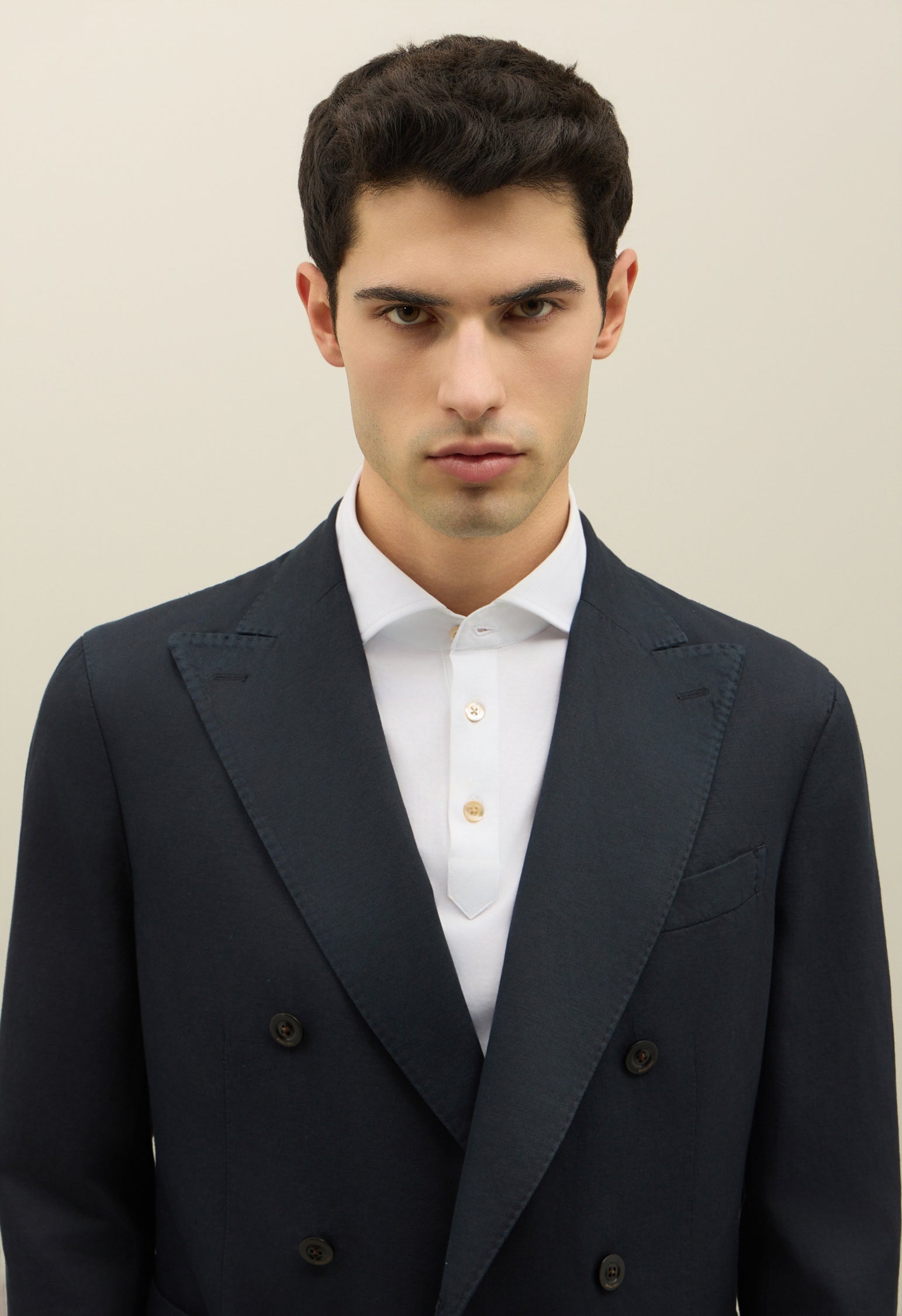Blaue doppelreihige K-Jacket aus Baumwoll-Leinen-Twill