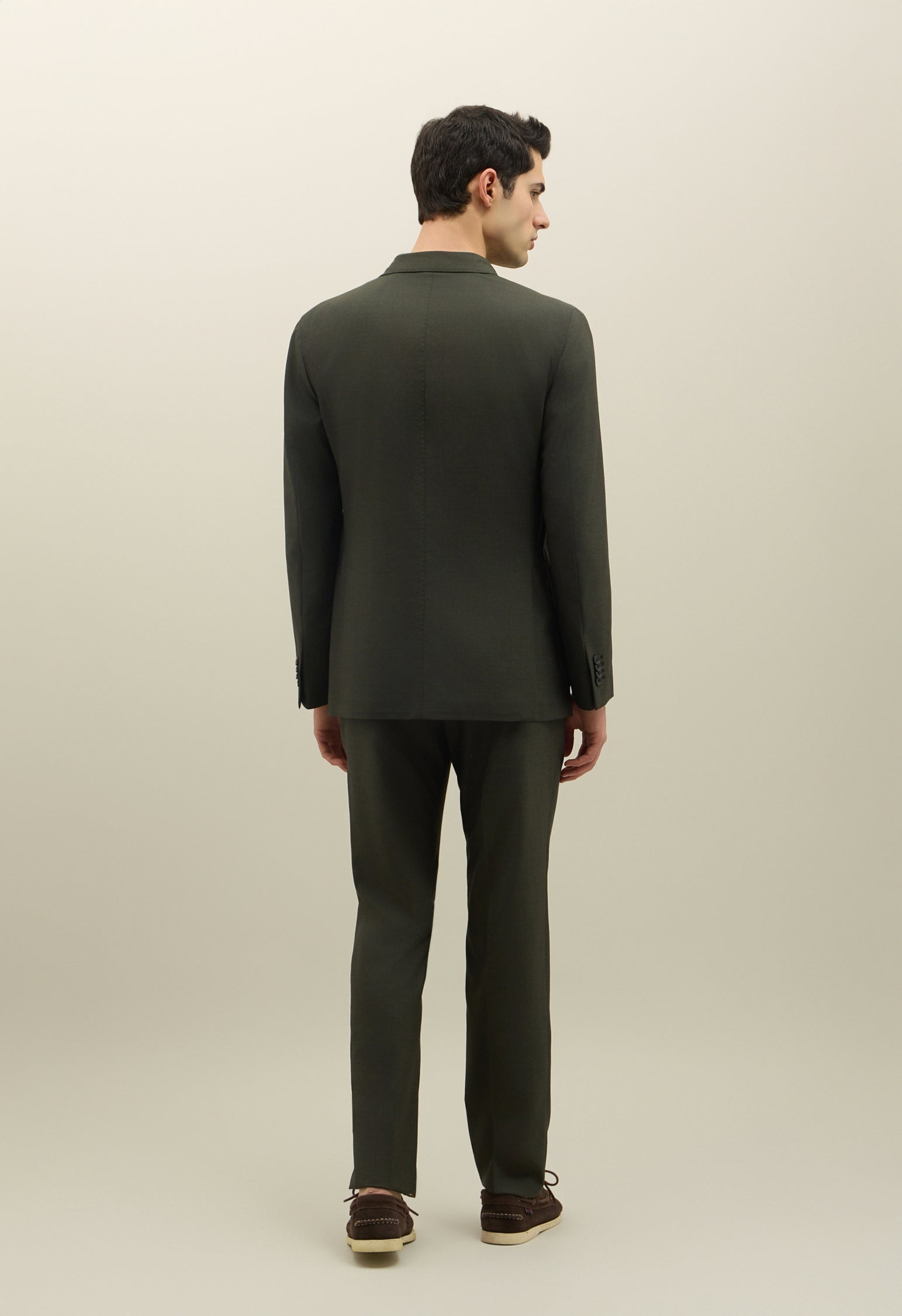 Grüner Zweireihiger K-Jacket-Anzug aus luxuriösem Wolle-Seiden-Canvas