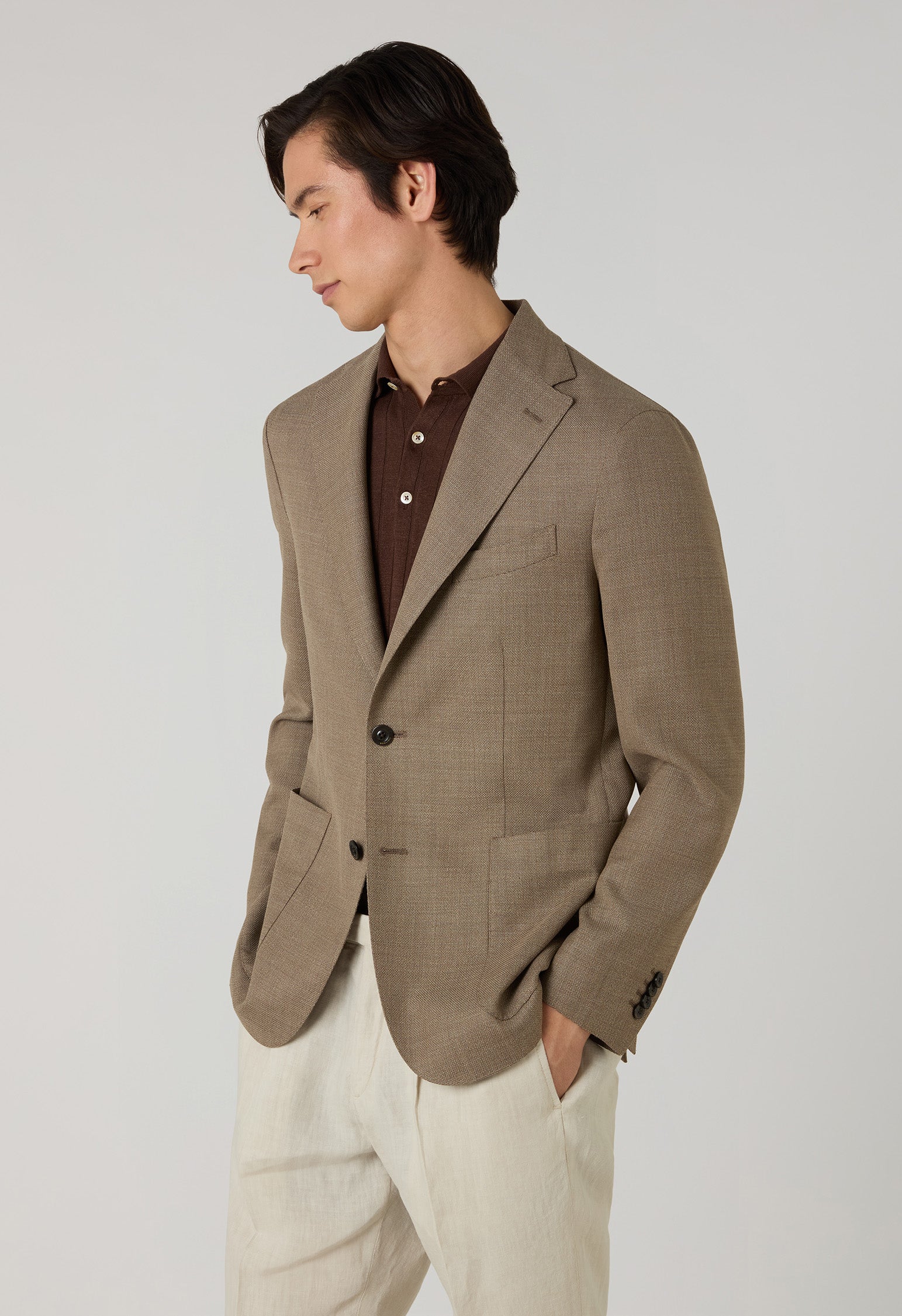 K-Jacket marrone chiaro in lana leggera a nido d’ape con revers ampi