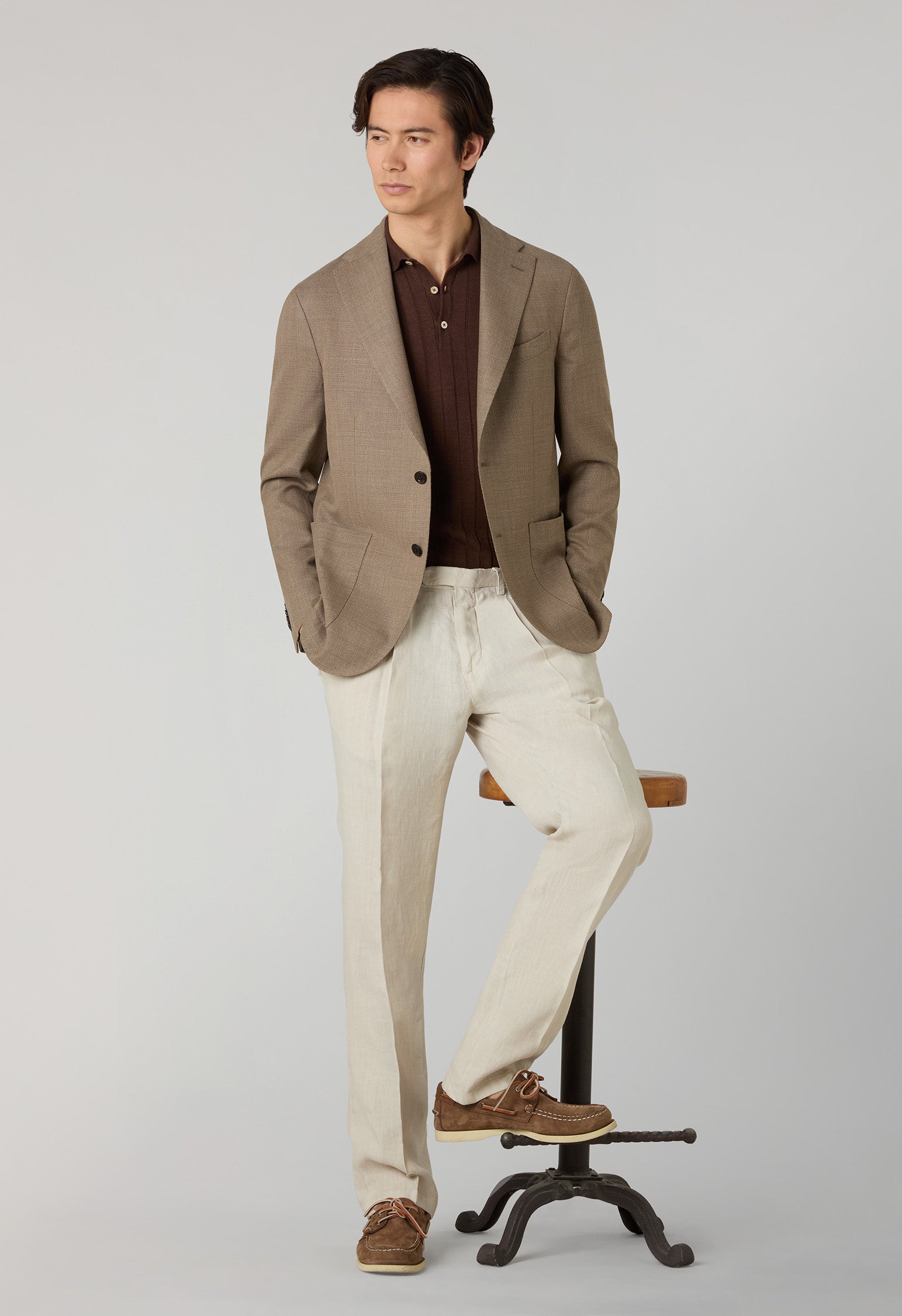 K-Jacket marrone chiaro in lana leggera a nido d’ape con revers ampi