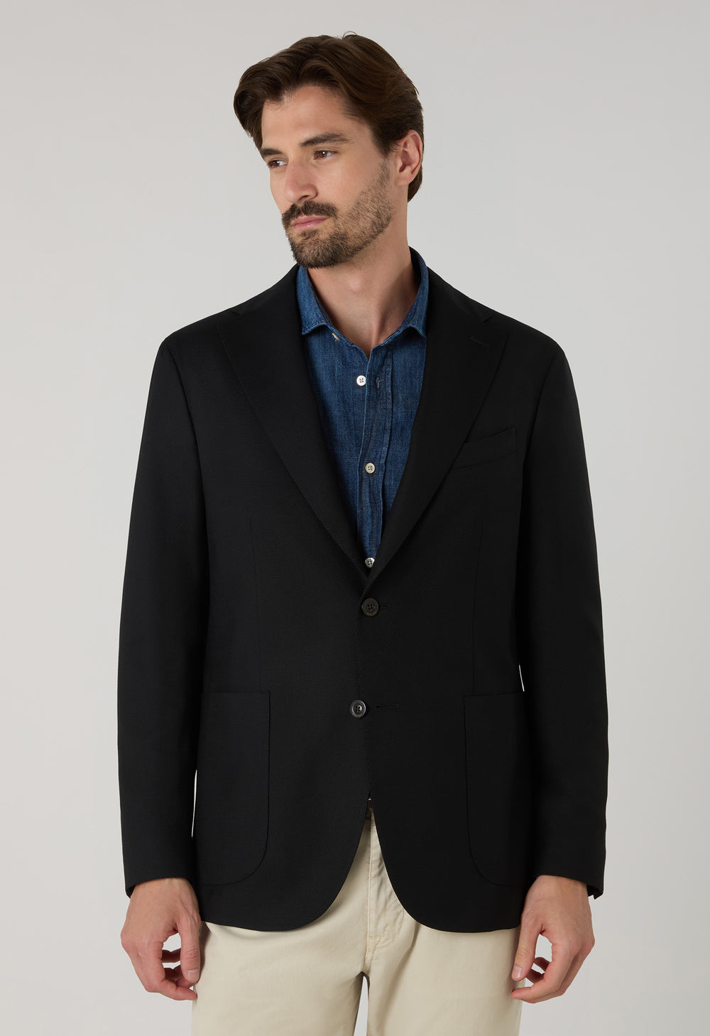K-Jacket nera in lana leggera a nido d’ape con revers ampi