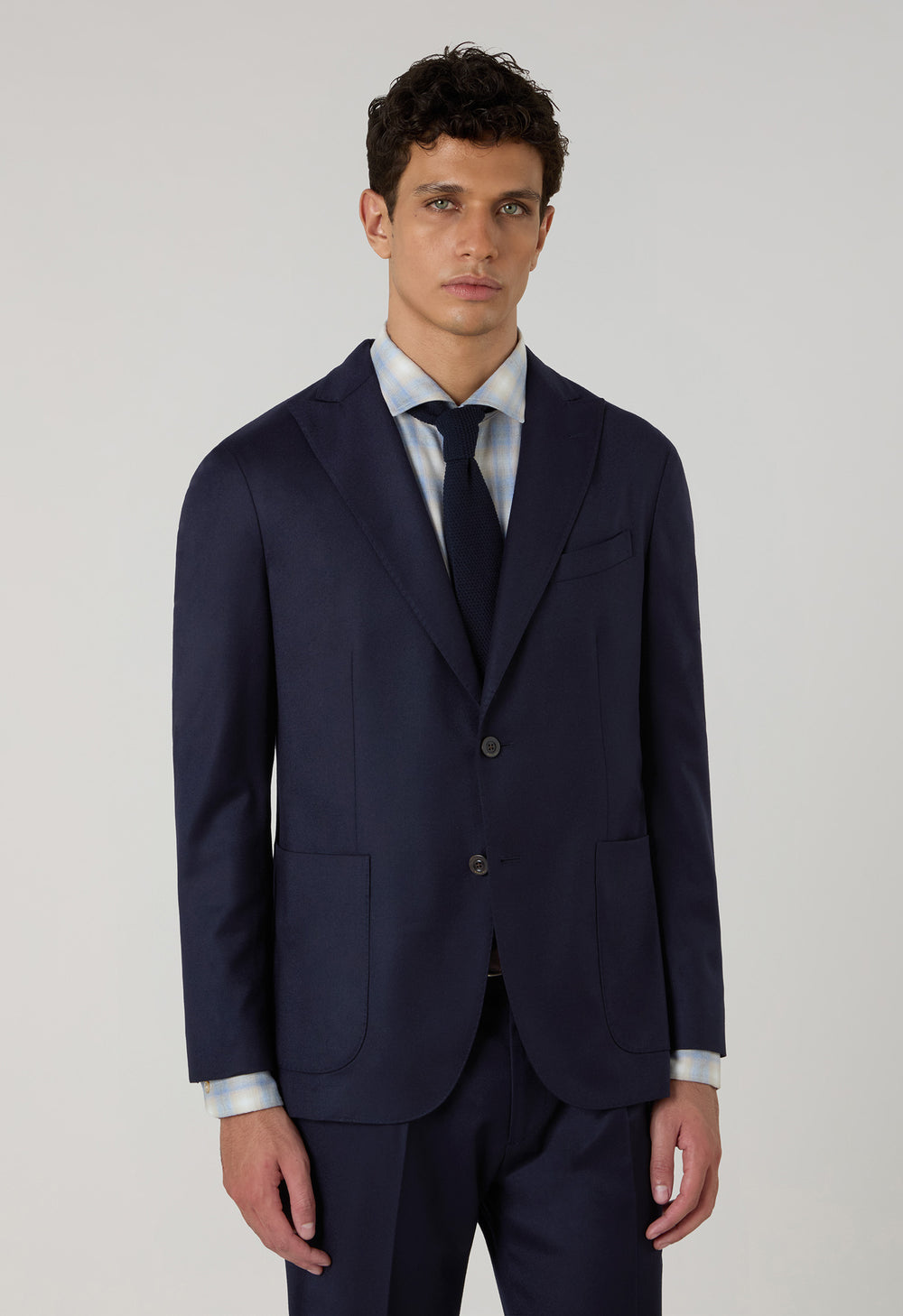 Dunkelblauer K-Jacket-Anzug aus 14-Mikron-Wolle und Seide