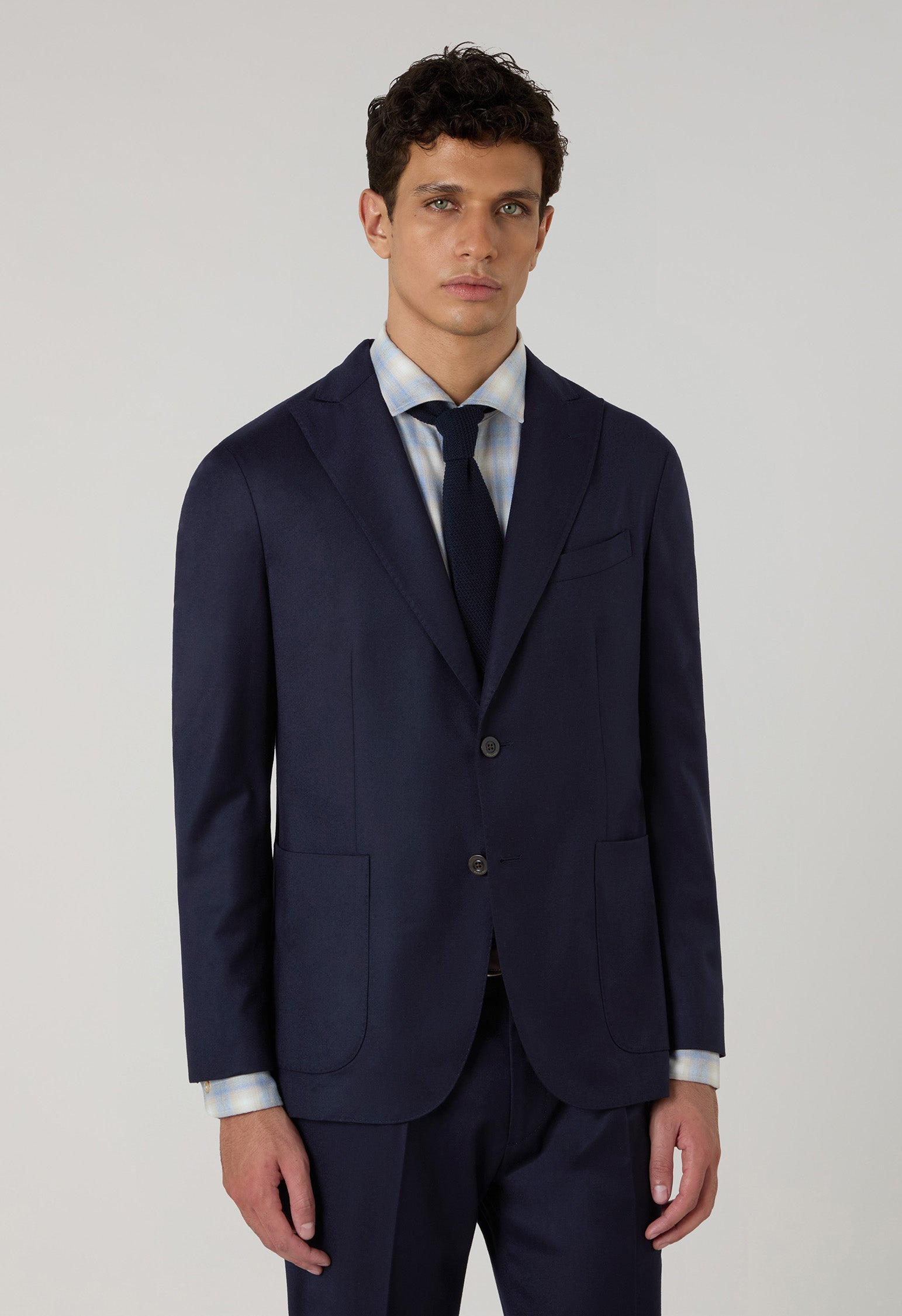 Dunkelblauer K-Jacket-Anzug aus 14-Mikron-Wolle und Seide