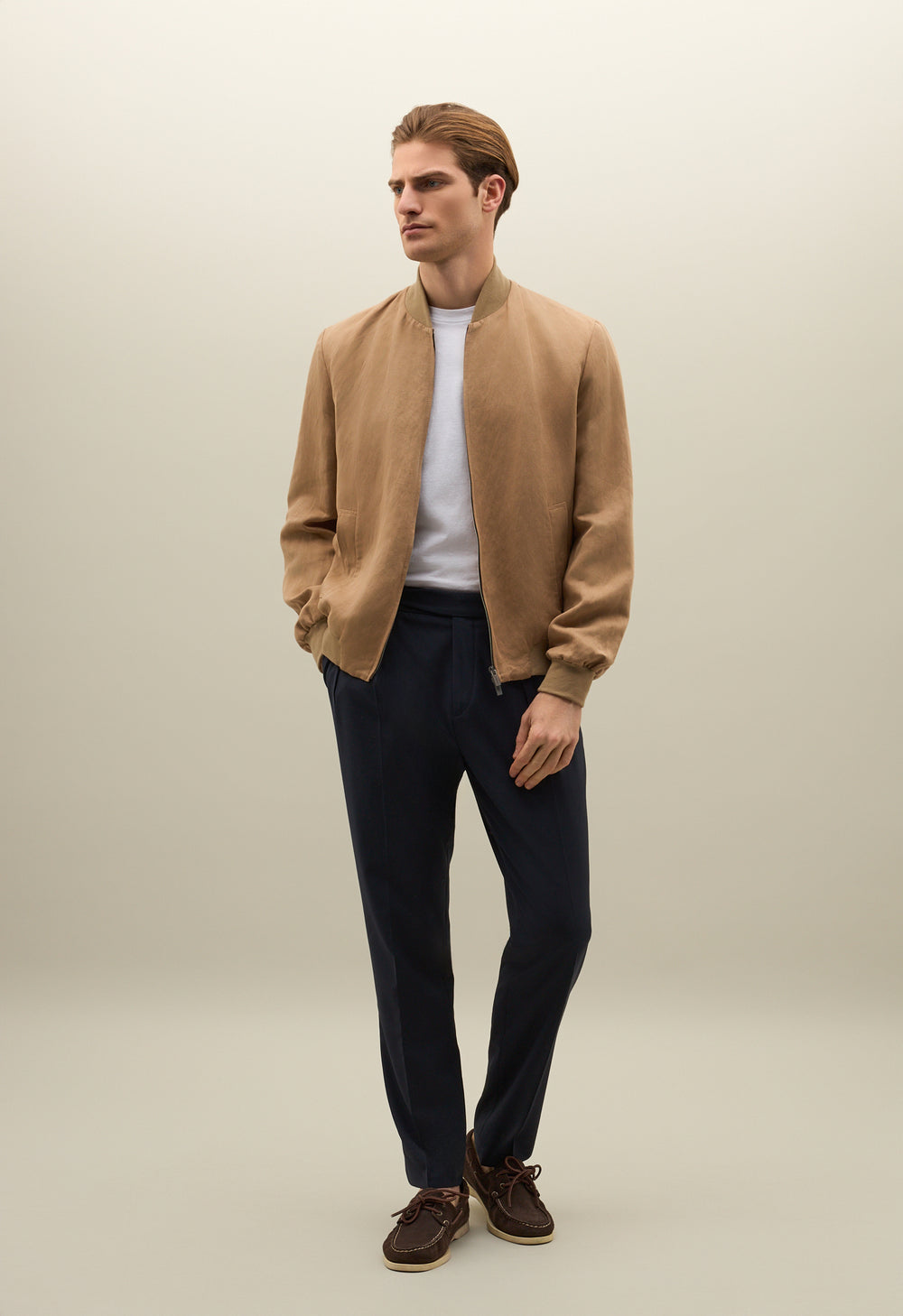 Bomber in lino e tencel satin beige scuro