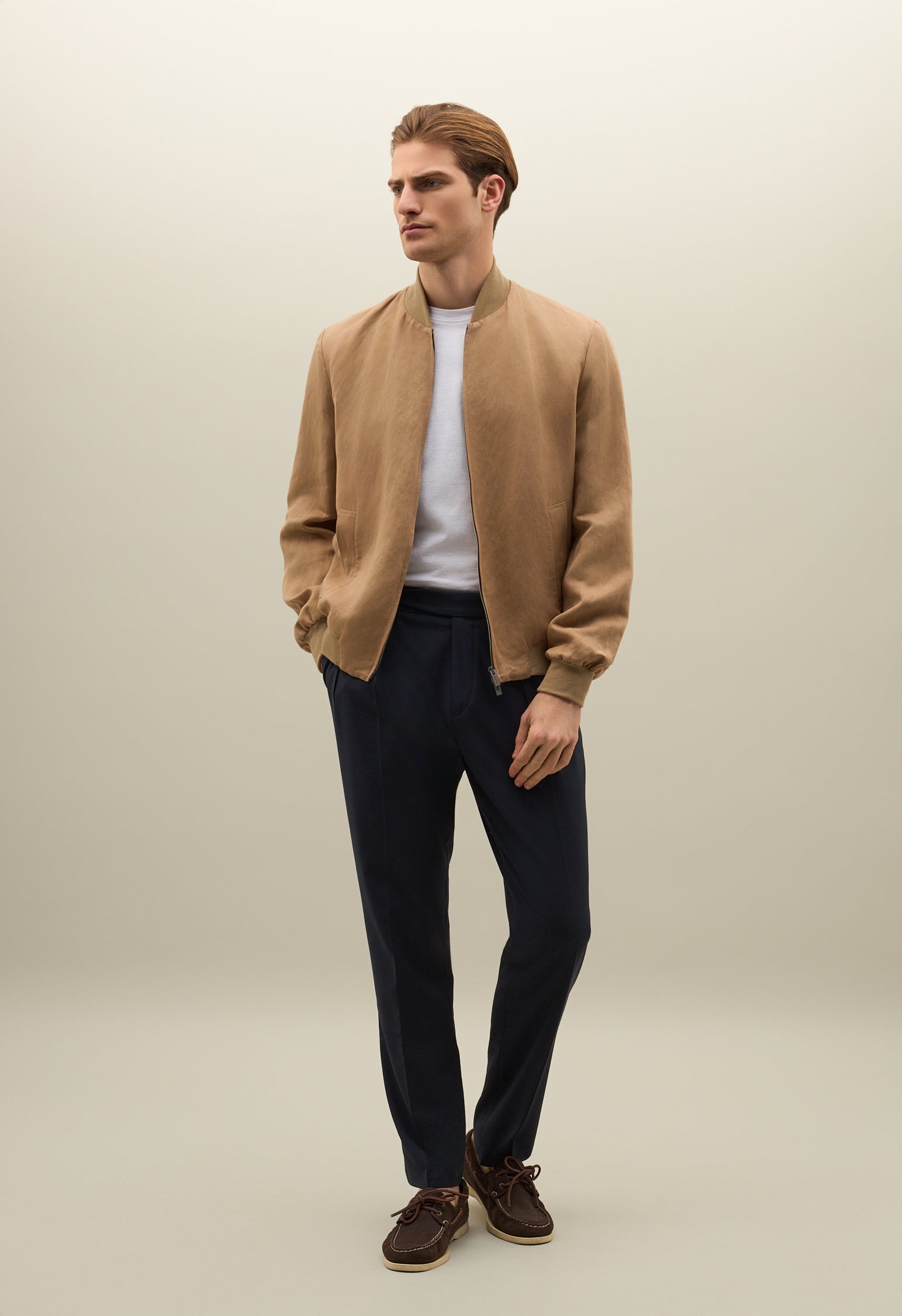 Bomber in lino e tencel satin beige scuro