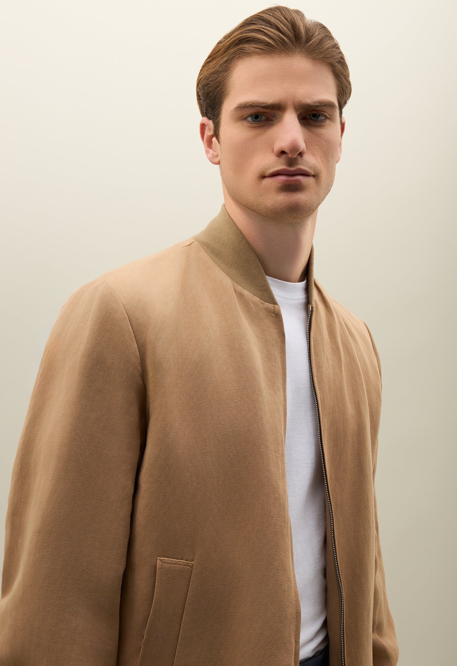 Bomber in lino e tencel satin beige scuro
