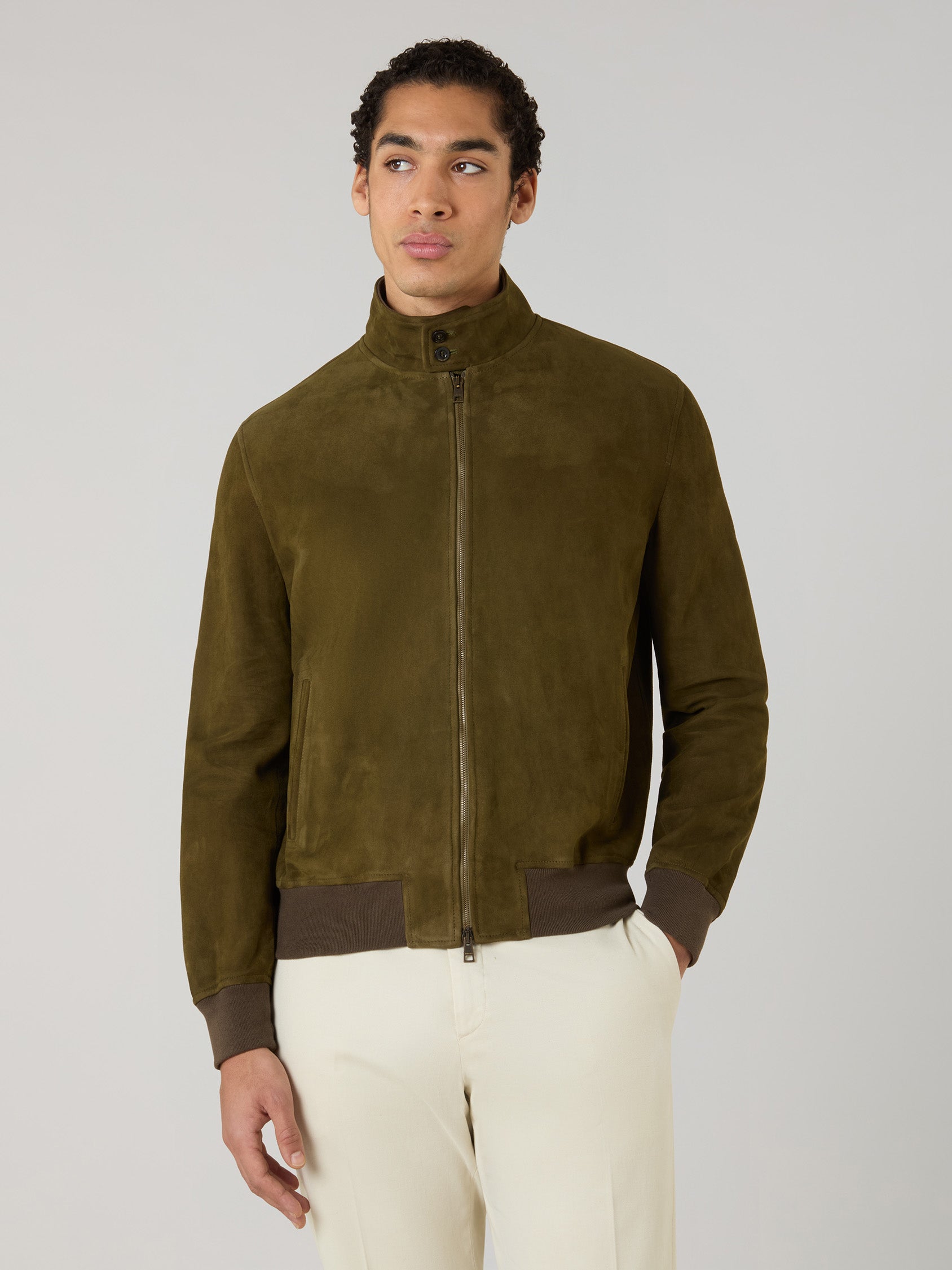 Bomber in suede khaki scuro