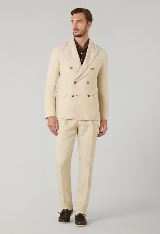 Beige Garment Dyed Linen Double-Breasted Dover Suit