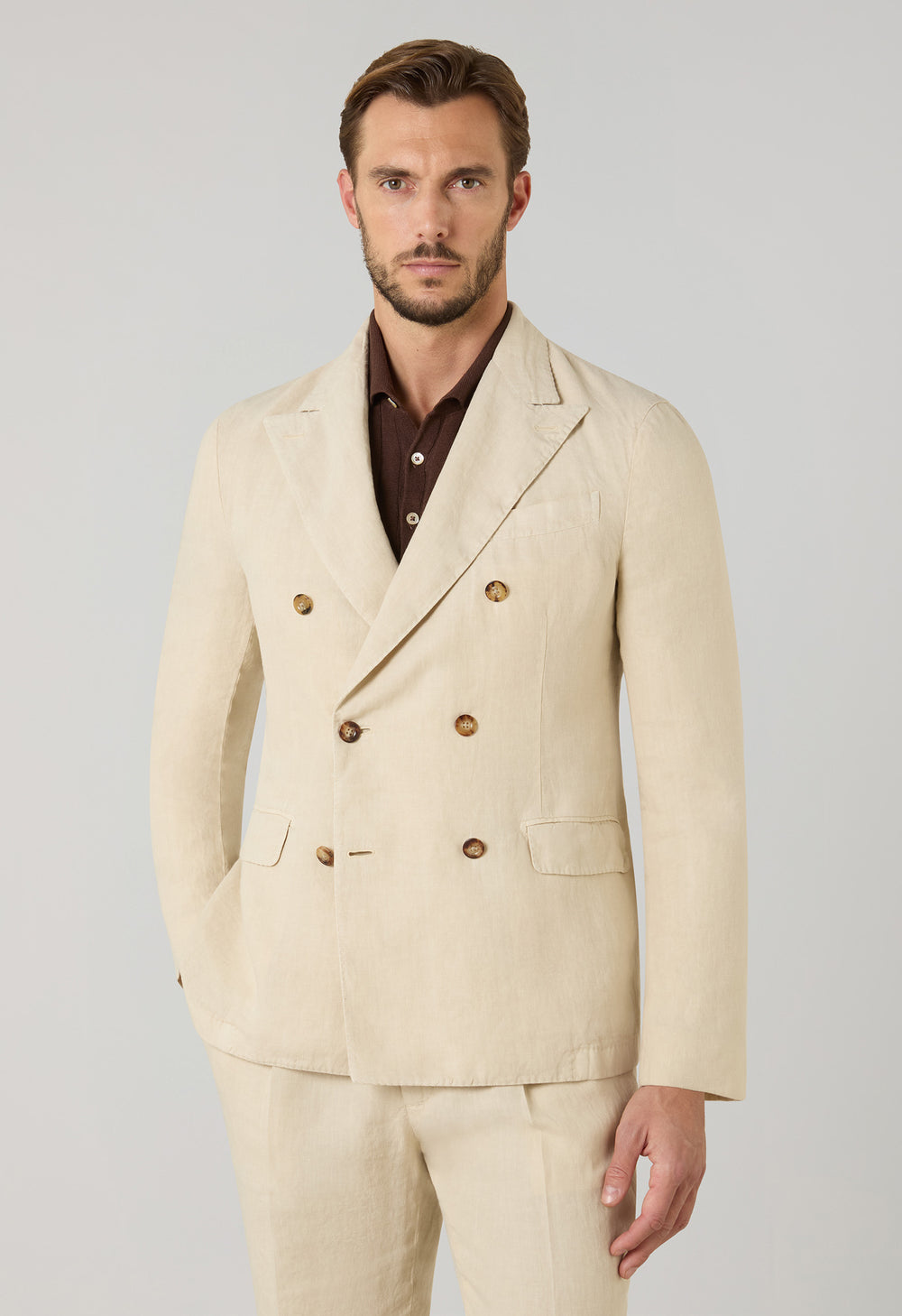 Beige Garment Dyed Linen Double-Breasted Dover Suit
