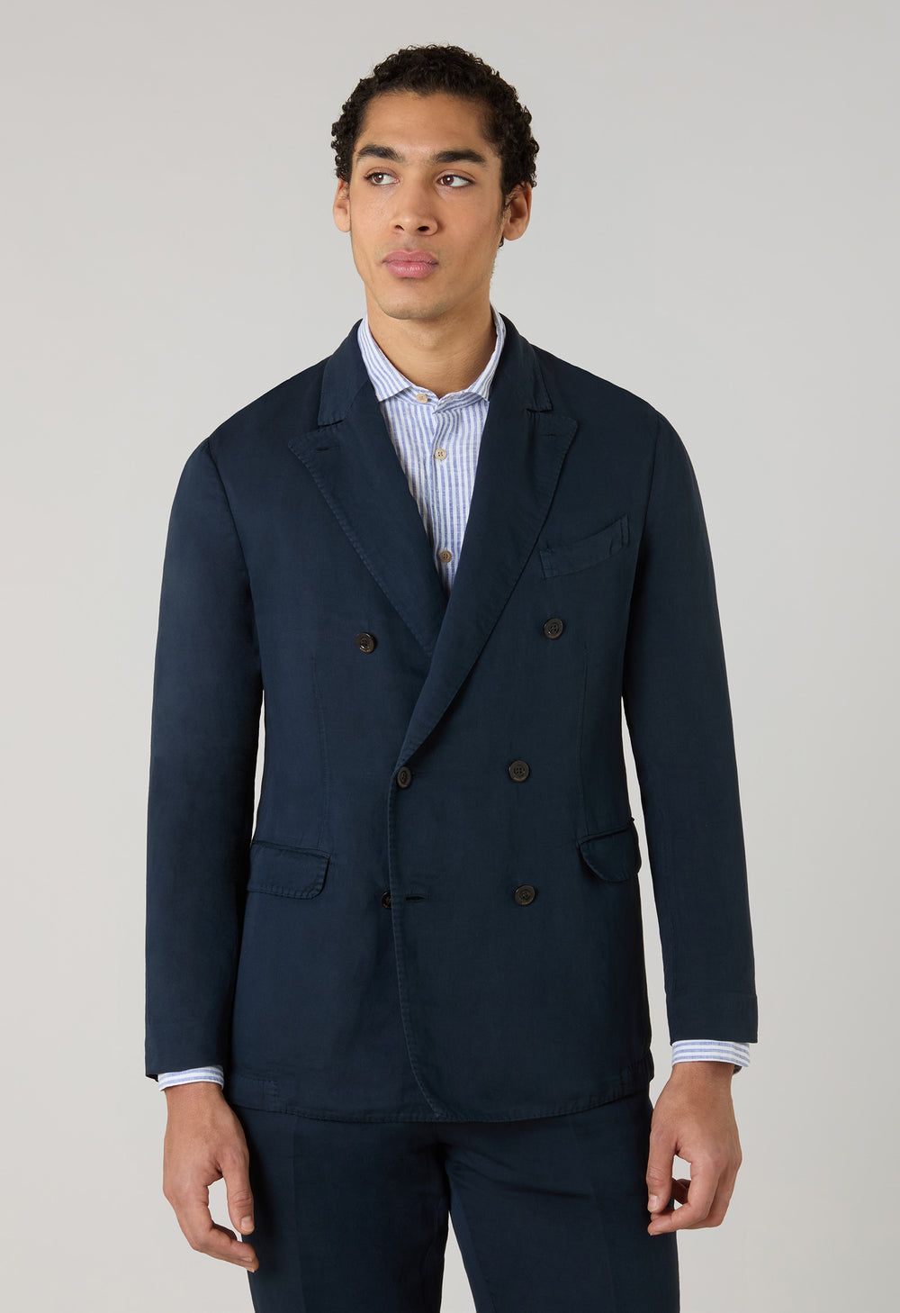 Blue Garment Dyed Cotton Linen Satin Double-Breasted Dover Suit