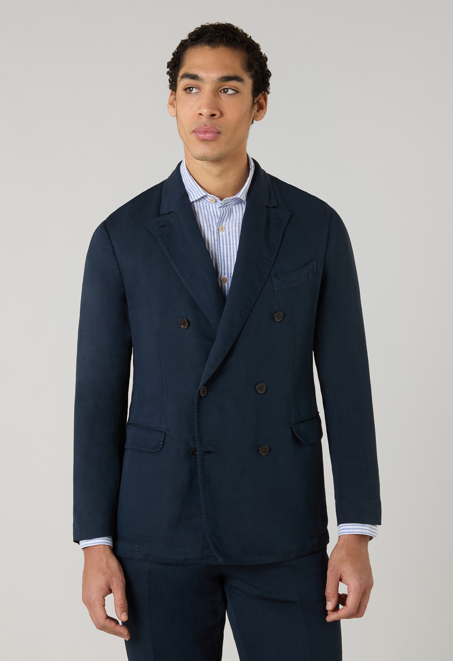 Blue Garment Dyed Cotton Linen Satin Double-Breasted Dover Suit