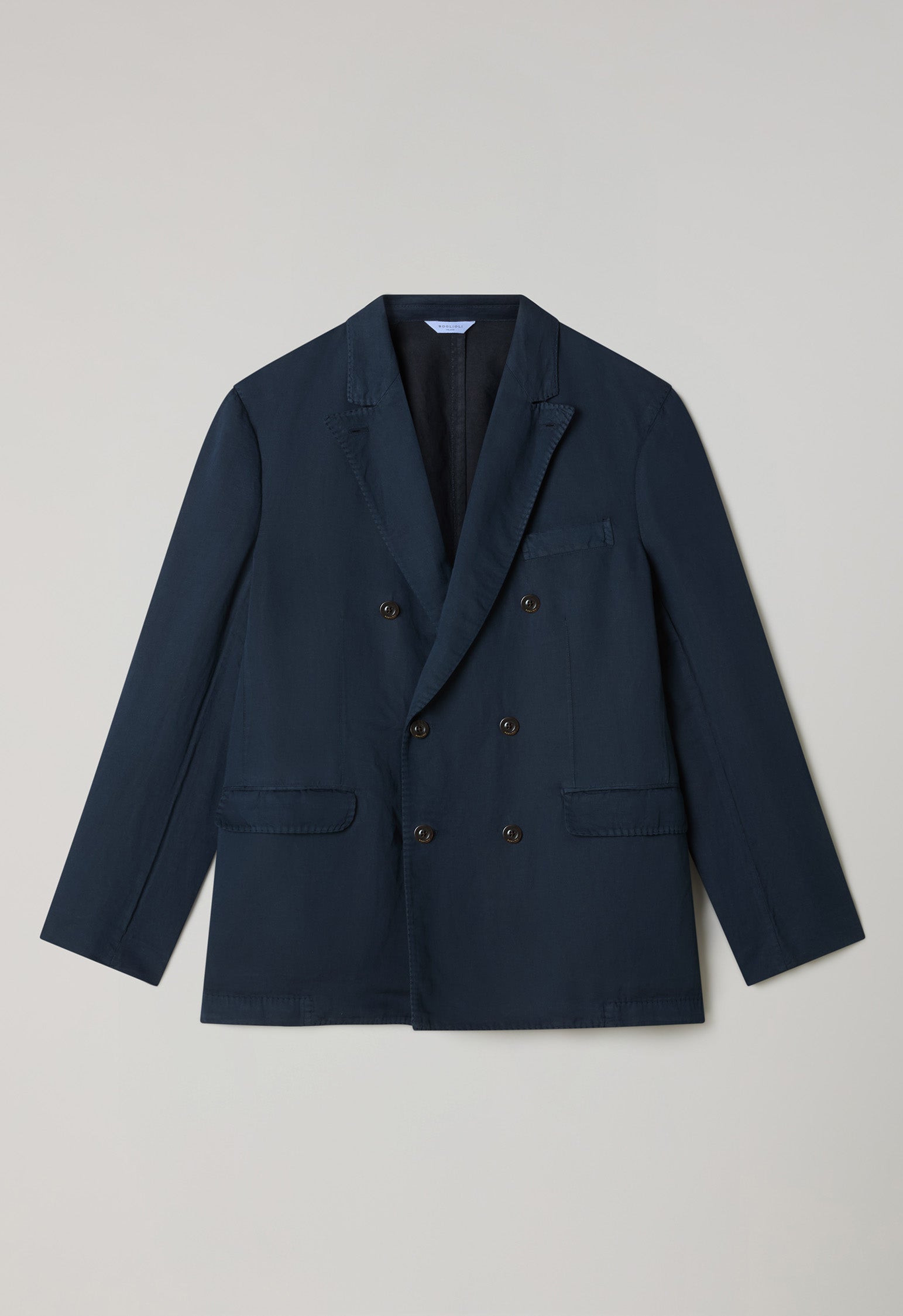 Blue Garment Dyed Cotton Linen Satin Double-Breasted Dover Suit