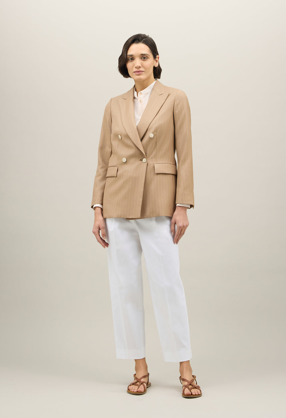 Beige Pinstripe Wool Bianca Blazer