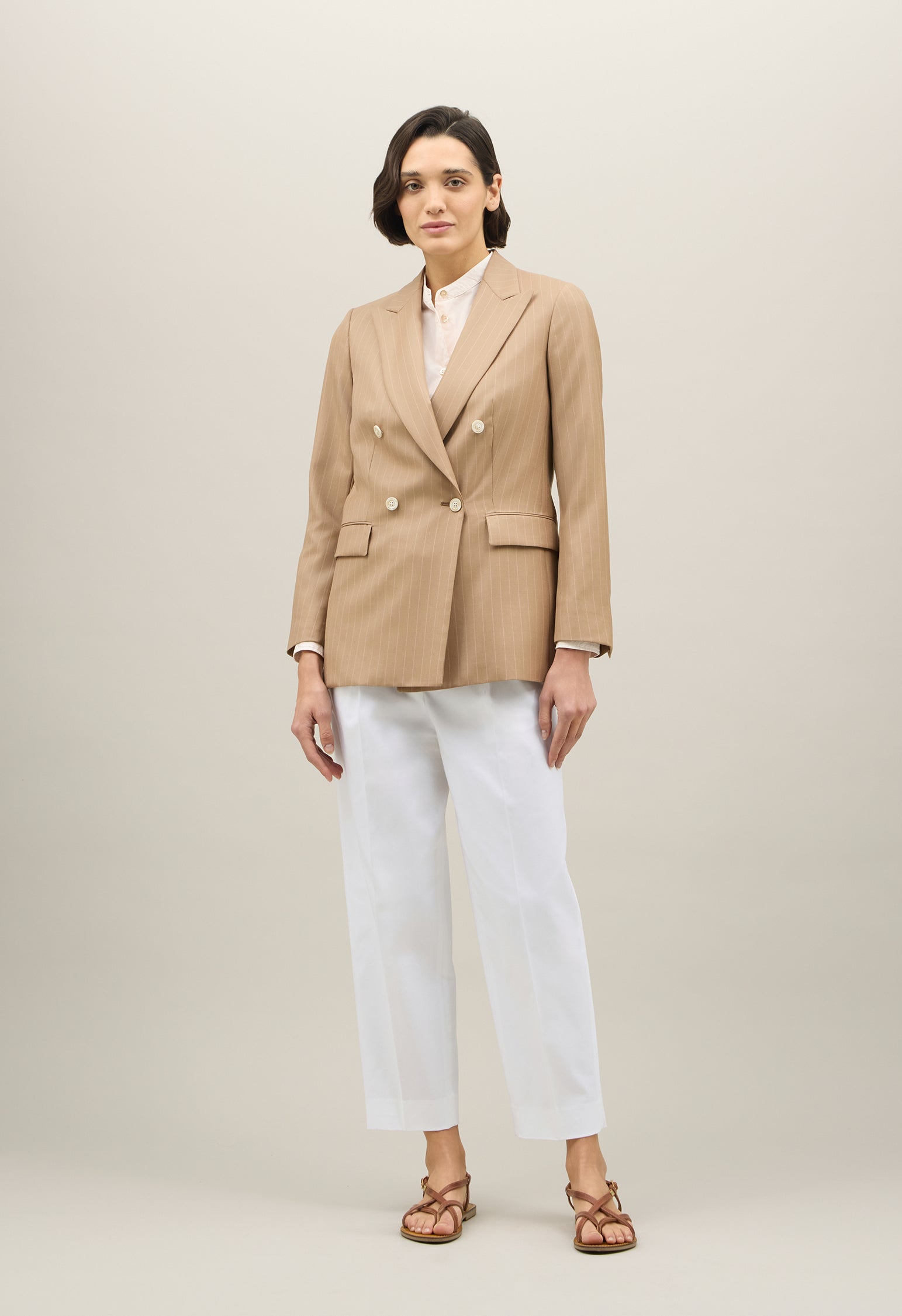 Beiger Blazer Bianca aus Wolle mit Nadelstreifen