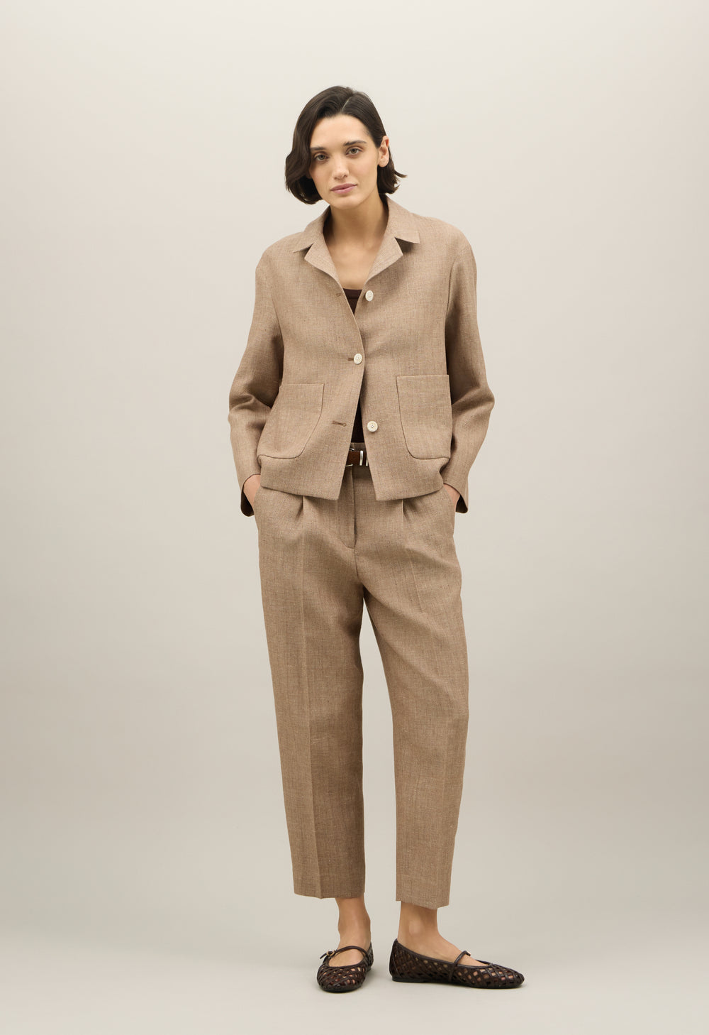 Brauner Blazer Margot aus Leinenmischung mit Fischgrätmuster